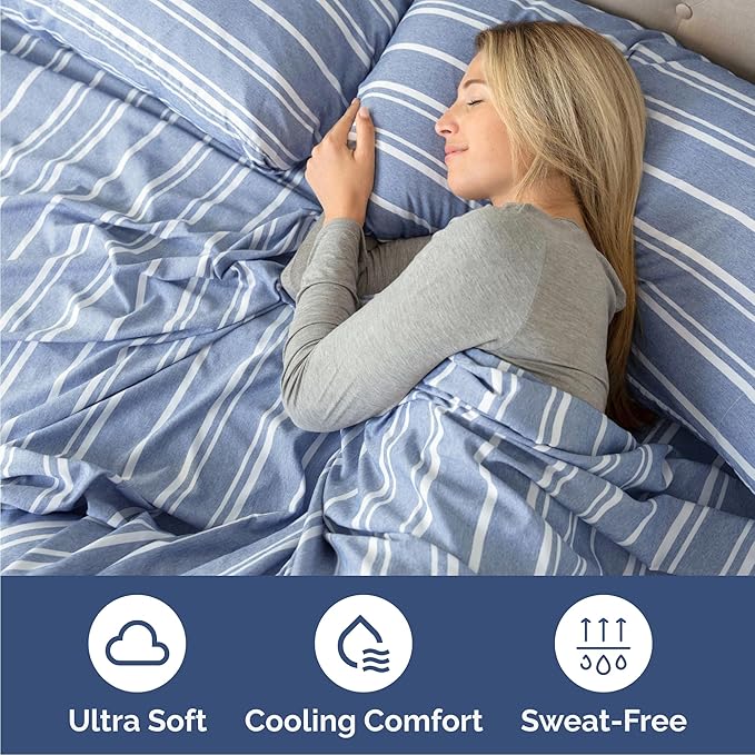 Cal King Size 4 Piece Sheet Set - Comfy Breathable & Cooling Sheets - Hotel Luxury Bed Sheets for Women & Men - Deep Pockets, Easy-Fit, Soft & Wrinkle Free Sheets - Blue Stripes Oeko-Tex Bed Sheet Set