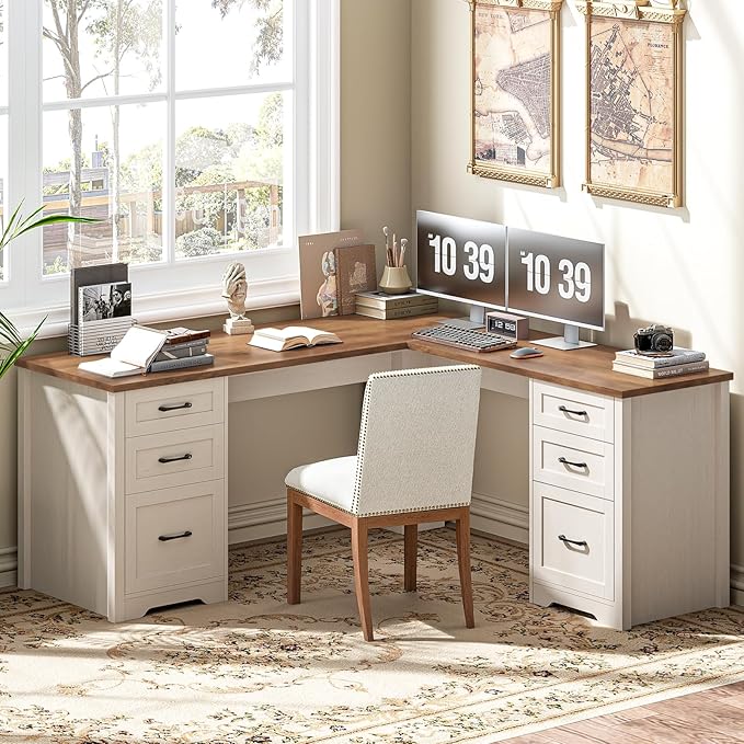 Vabches Farmhouse 59" L-Shaped Executive Desk with 2 File Drawers 4 Storage Drawers, Wood Corner Computer Desk Sturdy Writing Workstation with 6 Drawers, Computer Writing Desk for Home Office，White
