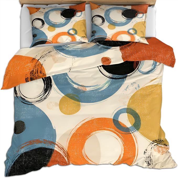 Retro Dirt Duvet Cover Twin Abstract Circle Geometry Art Bedding Set 2 Piece for Kids Bedroom Farmhouse Comforter Cover with Zipper Ties & 1 Pillowcases