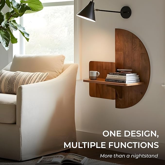 Behomes Soluna Solid Wood Floating Nightstand, Wall Mounted Nightstand, Floating Bedside Table for Bedroom and Living Room, Modern Rustic Wooden Night Stand, Small Floating Shelf for Wall, Walnut