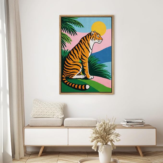 SIGNWIN Framed Canvas Print Wall Art Tropical Tiger with Palm Leaves Jungle Rustic Landscape Relax/Calm for Living Room, Bedroom, Office - 16"x24" Natural