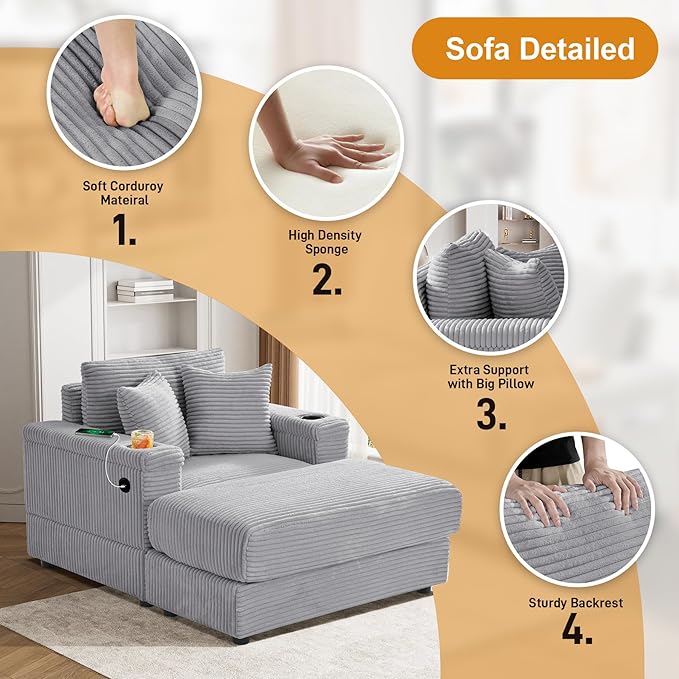 Oversized Chaise Lounge Chair Indoor with Adjustable Backrest, USB, Cup Holder & Ottoman, Firm Solid Wood Frame with Long Service Life Corduroy Oversized Lounge Reading Chair for Study Room - Grey