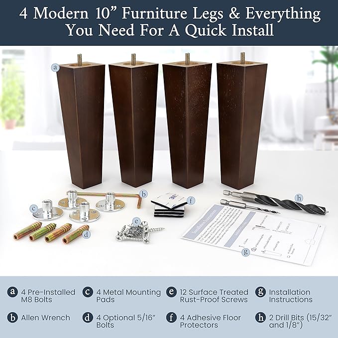 Premium Walnut Square Furniture Legs (Full Install Kit) - Pick Your Size and Color