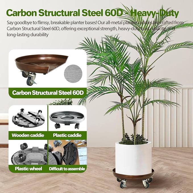 20 inch Plant Saucer Rolling Plant Caddy Rolling Plant Stand with Wheels Plant Tray with Wheels, Heavy Duty Metal, Locking, Sturdy, Rust-Resistant Finish, Easy to Move,Copper 550 lb Capacity