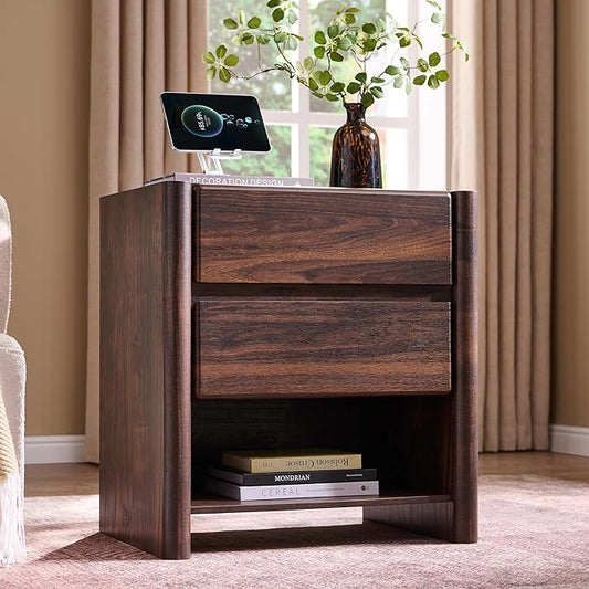 25" Tall Modern Nightstand with Charging Station, 23.6" W Nightstand with 2 Storage Drawers & Open Shelf, Wood Night Stand w/Rounded Corner Design for Bedroom, Living Room (Brown)