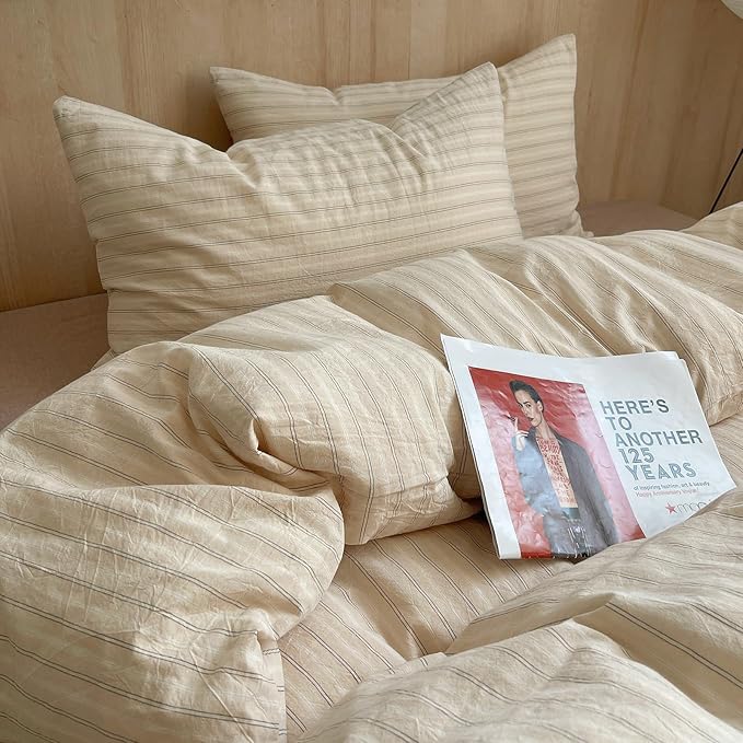 mixinni Retro Striped Duvet Cover Set Twin XL Size - 100% Washed Cotton Beige Duvet Cover with Black White Stripes, Soft Breathable 3 Piece Comforter Cover with Zipper Closure & Corner Ties