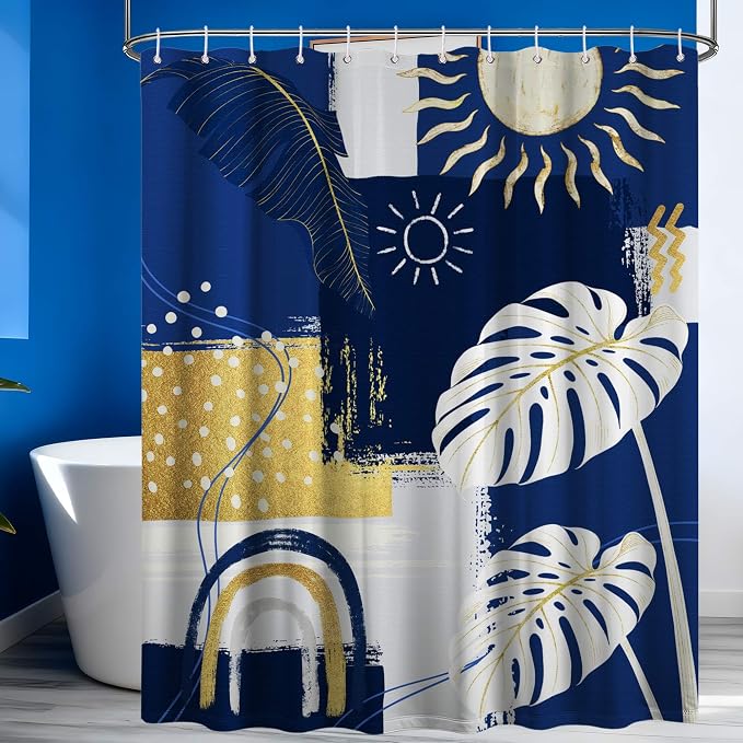 Blue and White Mid Century Modern Shower Curtain, 70x72 Inch | Bohemian Abstract Navy Blue and Gold Bathroom Decor Sets, Waterproof Cloth Fabric, Includes Hooks