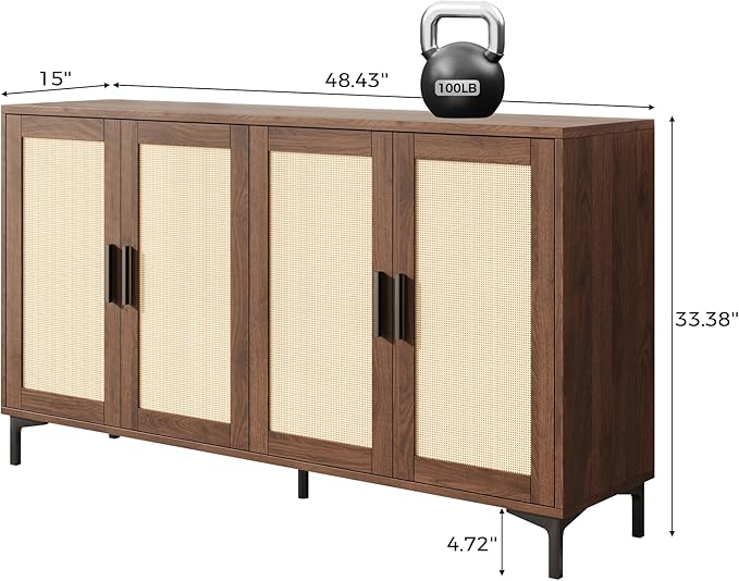 JASIWAY Buffet Cabinet with Storage, 48" Rattan Sideboard with Adjustable Shelves, Modern Coffee Bar Cabinet Console Table with Doors, Credenza for Kitchen, Living Room, Entryway, Dining Room, Walnut