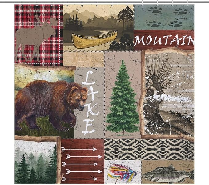 Retro Rustic Bear Shower Curtains, Vintage Deer Farmhouse Forest Cabin Lodge Woodland Adventure Cottage Country Waterproof Shower Curtains for Bathroom Decor 12 Pack Hooks 72x72in (183x183cm