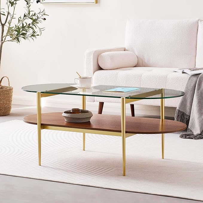 LumFurn Oval Glass Coffee Table, Mid-Century Modern Design, L41 x W21 x H17 inch, for Living Room, 2-Tier Structure, Clear Glass Top and Walnut Finish Wood Shelf, Conical Legs with Gold Finish Frame