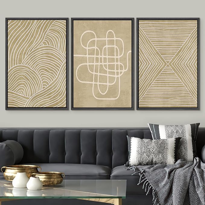 SIGNWIN Framed Canvas Print Wall Art Set Geometric Tan Line Art Collage Graffiti & Street Art Abstract Illustrations Modern Art Decorative Nordic for Living Room, Bedroom, Office - 16"x24"x3 Black