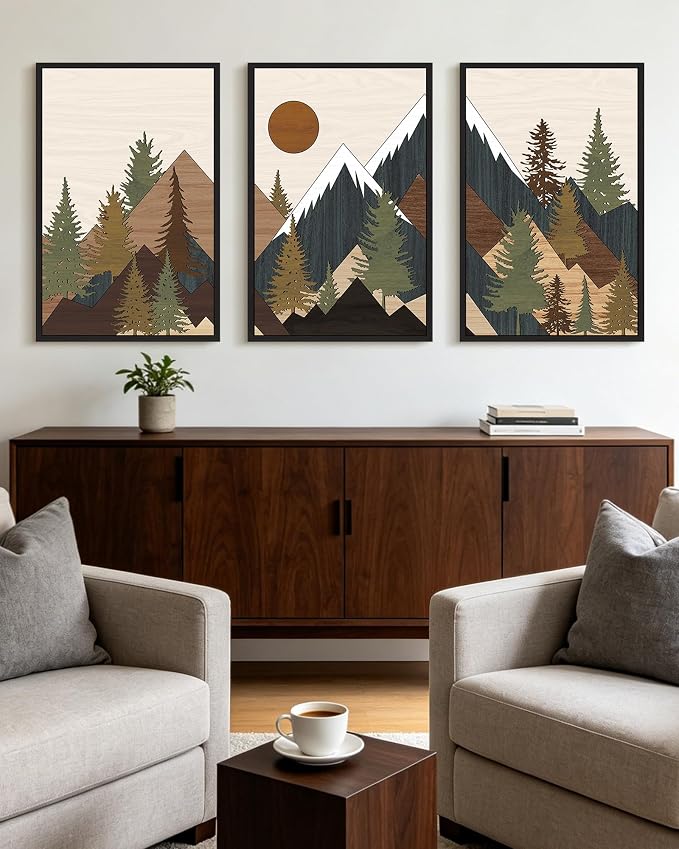 KUVIOKE Morden Mountains Framed Wall Art Boho Pine Tree Forest Nature Landscape Artwork Bohemain Farmhouse Rustic Bedroom Living Room Decor 24x36in (Black Framed)