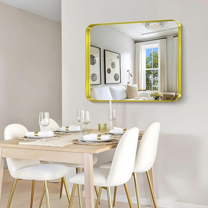 CIRCUMI Gold Bathroom Mirror, 30"x36" Rectangular Mirror with Deep Metal Frame, Rounded Corner, Tempered Glass, Mirror for Wall, Oversink, Bedroom, Installed Vertically/Horizontally, Crystal-Clear