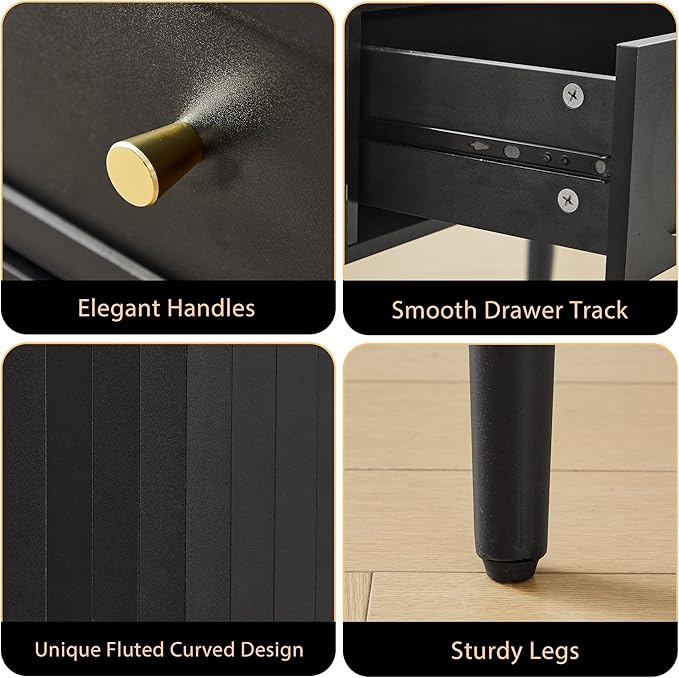 Practical 59" Wood Writing Desk, Home Office Laptop Desk with 2 Flip Hide Storage + 2 Drawer, MCM Elegant Fluted Multifunctional Study Desk for Apartment Bedroom (Black)