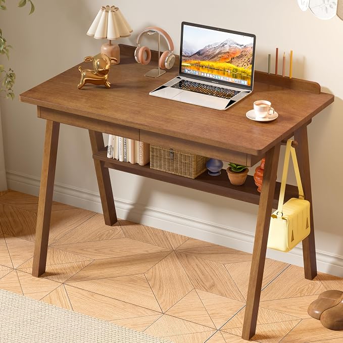 Solid Wooden Desk with Drawers & Shelf - 40 x 24 Inch Mid Century Modern Desks, Writing Desk with Drawers & Hooks, Vintage Work Study Table, Home Office Computer Desks for Any Spaces