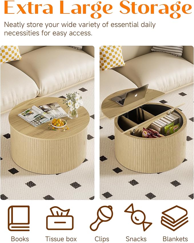 Fluted Round Coffee Table with Lifting Top, 31.5" Oak Small Circle Coffee Table with Storage for Living Room