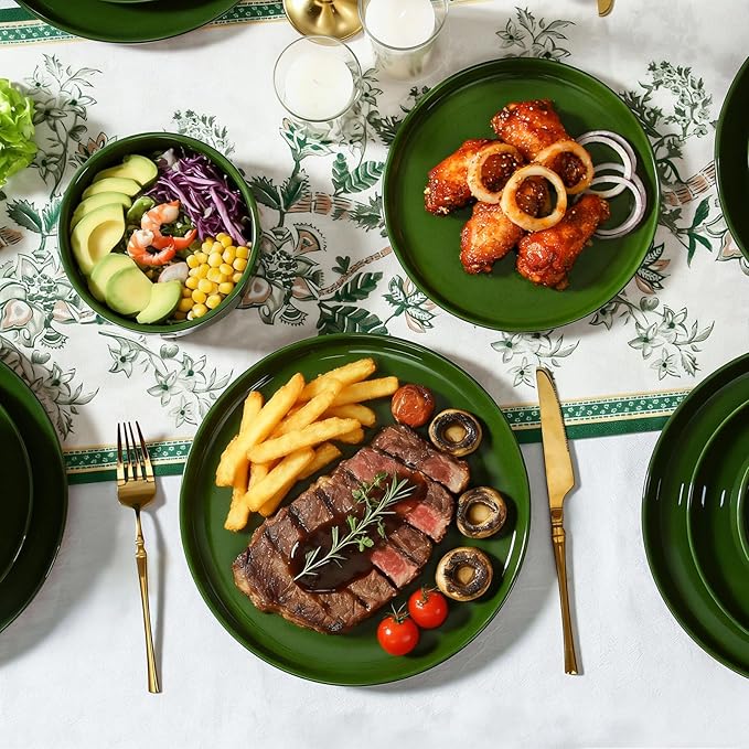 GZG Modern Art Series - 6 Pcs Speckled Stoneware Plates and Bowls Sets, Ceramic Dinnerware Set with Rustic Terracotta Underside, Microwave and Dishwasher Safe Handcrafted Dishes Set - Verdant Green