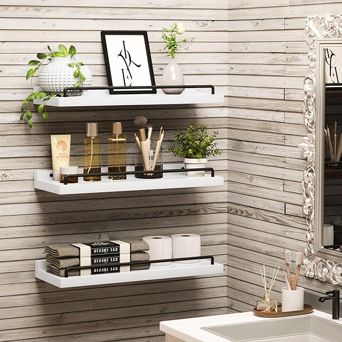 Floating Shelves for Wall Decor, White Shelves for Bathroom, Living Room, Bedroom, Picture Frames, Plants, Kitchen (Set of 3)