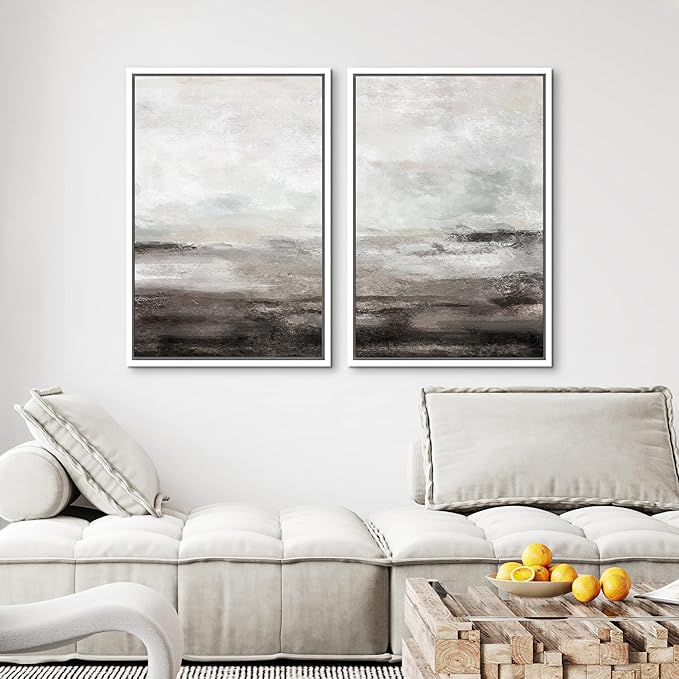 MUDECOR Framed Wall Art Print Set Brown and Gray Grunge Paint Stroke Landscape Abstract Shapes Illustrations Modern Minimalist Chic Relax/Calm for Living Room, Bedroom, Office - 16"x24"x2 White