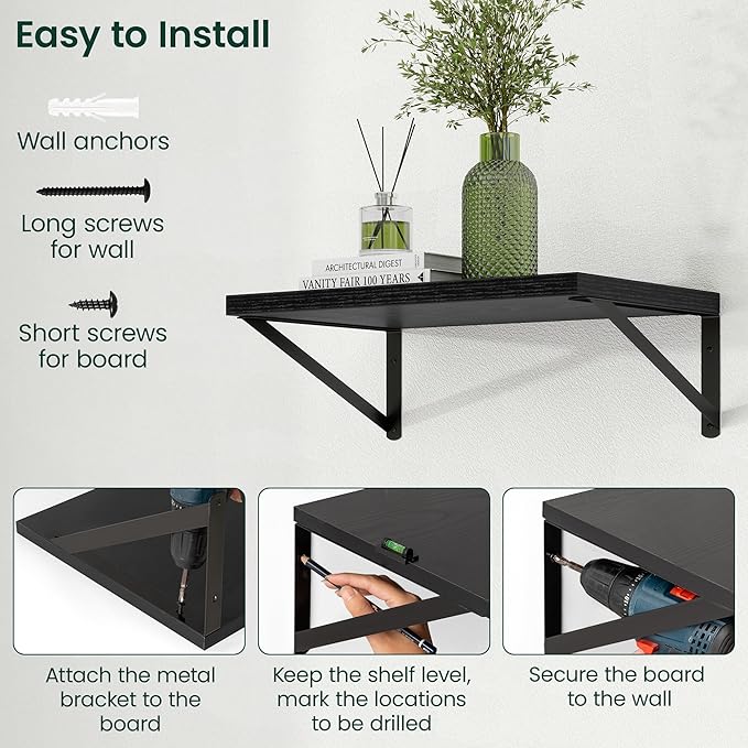 Floating Shelves, 12 Inch Deep Rustic Wood Wall Storage, 16W x 12D Wall Shelves Set of 2, Heavy Duty Metal Brackets, Large Industrial Book Shelf for Living Room, Kitchen, Bedroom, Black