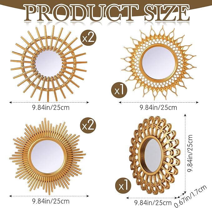 Namalu 6 Pcs Sunburst Mirror for Wall Decor, Small Circle Sun Decorative Mirror Hanging for Art Entryway Home Decor Bathroom Bedroom Living Room(Classic,Gold)