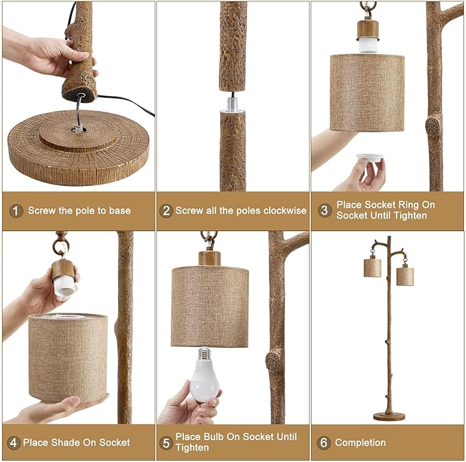 Rustic Floor Lamp for Living Room - Newly Upgraded Heavy-Duty Resin Base Farmhouse Floor Lamp with 2 Country Vintage Reading Light - Standing Lamps for Bedroom Office Home Decor (Brown, 2 Bulbs)