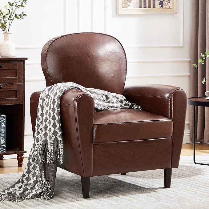 Mid Century Accent Chair Set of 2, Modern Faux Leather Arm Chair, Comfy Upholstered Reading Chair Single Sofa Chairs for Living Room, Bedroom, Club, Dark Brown