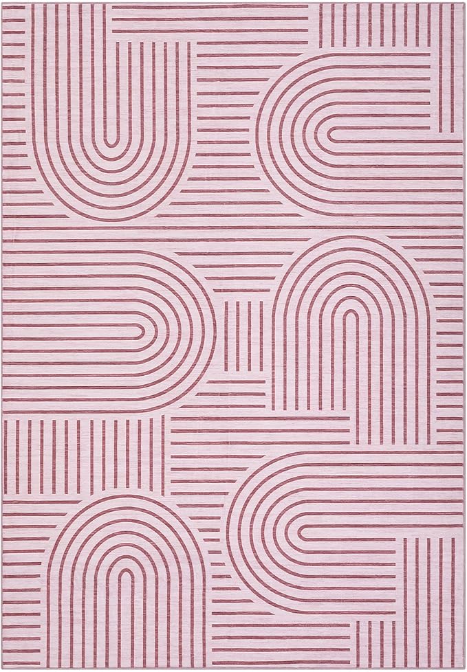 Washable Rug 5x7 Area Rugs for Living Room, Abstract Rug for Bedroom, Soft Rainbow Non Slip Throw Rugs with Rubber Back, Low Pile Stain Resistant Boho Geometric Carpet for Dining Room, Pink