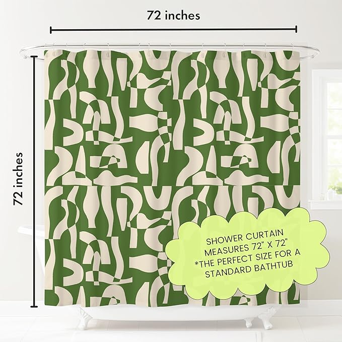 Modern Green and Ivory Geometric Pattern Print Shower Curtain – Abstract Minimalist Fabric Design – Neutral Trendy Bathroom Décor – 72x72 Inches (Geo Green)