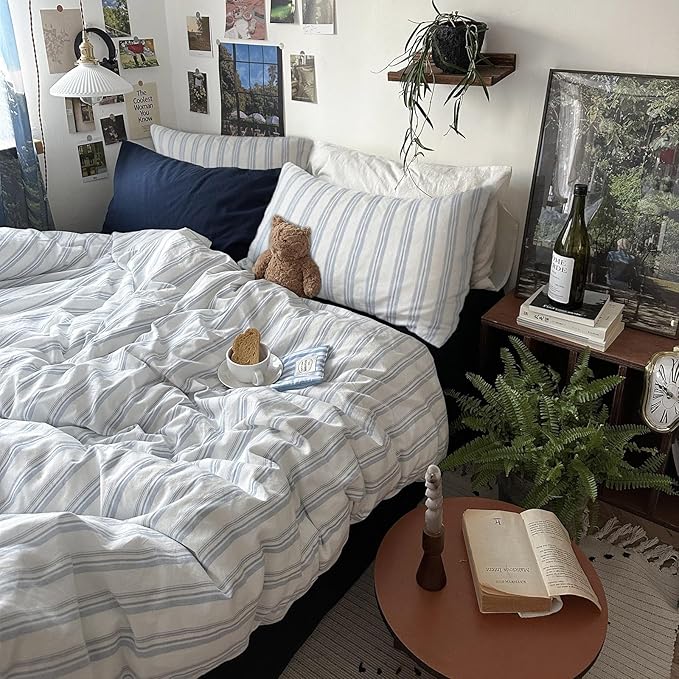 mixinni Vintage Blue & White Striped Duvet Cover Set - 3 Piece 100% Washed Cotton Queen Size Bedding | Minimalist Relaxed Style | Ultra Soft Breathable, with Zipper Closure & Corner Ties-Queen Size
