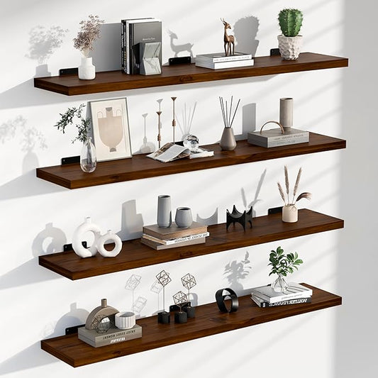 36-Inch Solid Walnut Floating Shelves Set of 4-Rustic Farmhouse Wall Shelves with 100 lb Capacity, Heavy Duty Easy Install for Bathroom, Kitchen, Living Room&Home Decor (Walnut, 4T36IN)