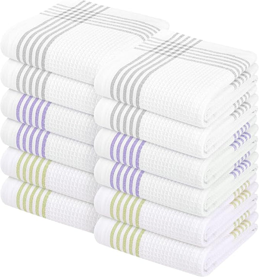 Waffle White & Multi Colors Kitchen Towels 12 Pack, 100% Cotton, 16x26 inches, Durable Dish Towel, Quick Dry Dishcloths, Ideal for Drying, Wiping - Light Grey, Lavender, Lemon Green