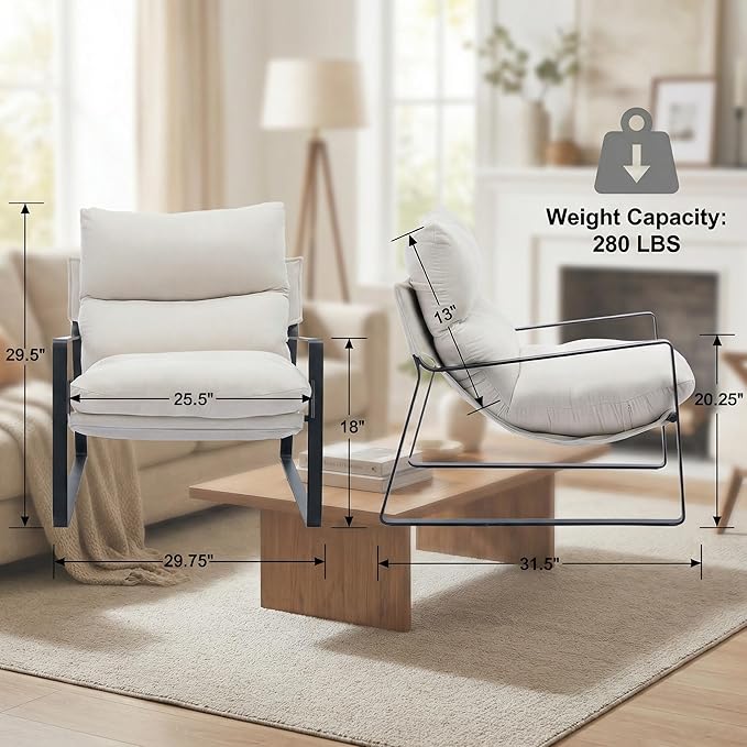 LukeAlon Modern Accent Armchairs Set of 2, Upholstered Soft Living Room Chairs with Metal Base Removable Thickened Cushion Sofa Chairs Comfy Lounge Chair for Bedroom Living Room, White Chenille