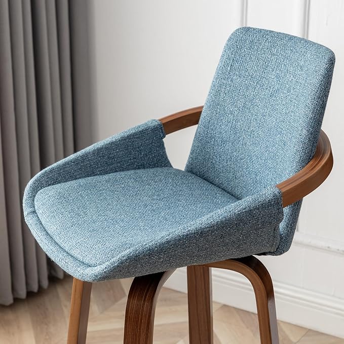 LUNLING 25.6" Counter Height Barstools Mid Century Modern Retro Bar Chairs Green Modern Corduroy Fabric Upholstered and Walnut Wood Frame for Home Bar Furniture,Blue,1PCS