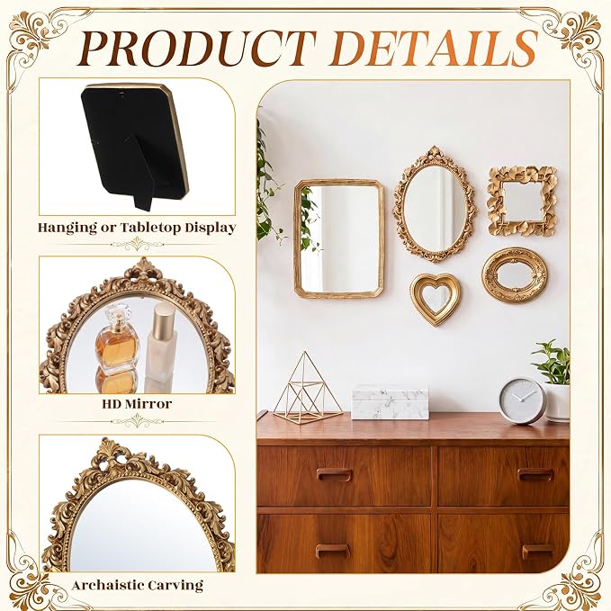 5 Pcs Vintage Gold Mirror Luxury Set Small Gold Mirrors Gallery Wall Mirror Hanging Antique Art Decor for Wall Living Room Entryway Assorted Sizes (11in/8in/6in/4in,Cute Style)