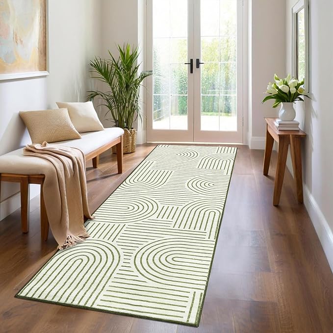 Modern Rug 2.5x10 Runners for Hallways, Abstract Kitchen Runner Rugs Non Slip Bath Runner, Rainbow Washable Rug for Bedroom, Soft Long Rugs for Entryway Bathroom Laundry Dorm, Green