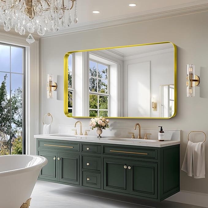 CIRCUMI Gold Bathroom Mirror, 36"x60" Rectangular Mirror with Deep Metal Frame, Rounded Corner, Tempered Glass, Large Mirror for Wall, Over 2 Sinks, Installed Vertically/Horizontally, Crystal-Clear