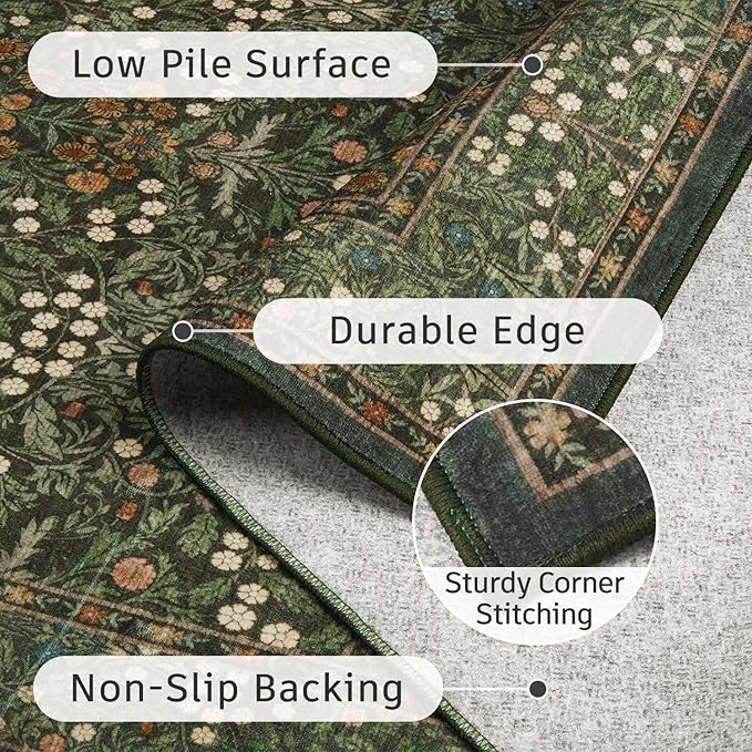DCX Green 8x10 Area Rugs, Machine Washable Non Slip Stain Resistant Soft Vintage Floral Rug, for Living Room, Bedroom, Playroom, Soft Low Pile Large Carpet