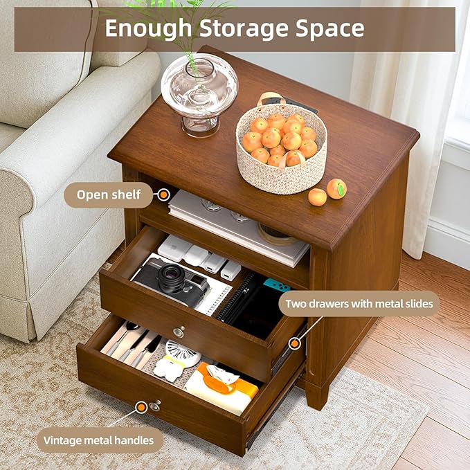 Farmhouse Nightstand with Charging Station, Solid Wood End Table with 2 Large Drawers & Open Shelf, Bedside Table with USB Ports and Outlets, Rustic Wood for Bedroom