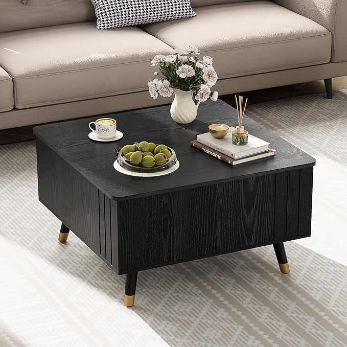 Black Lift Top Coffee Table with Storage, 32 Inch Mid Century Modern Square Center Table with Rising Top for Living Room