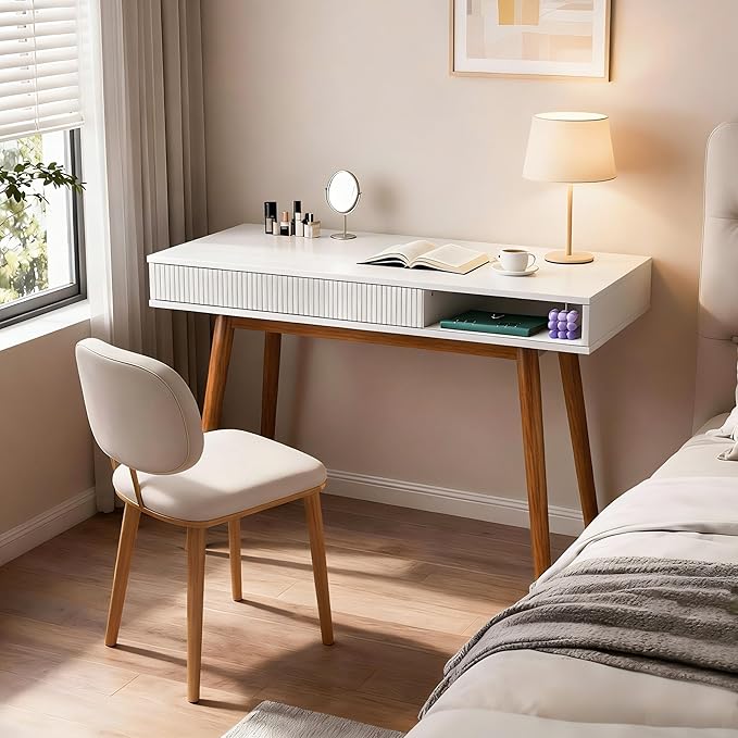 Artswish White Desk with Drawer, Mid Century Modern Writing Desk for Home Office, Small Computer Desk with Storage Shelf & Cable Management Hole, Wood Study Desk for Bedroom, Apartment, Dorm