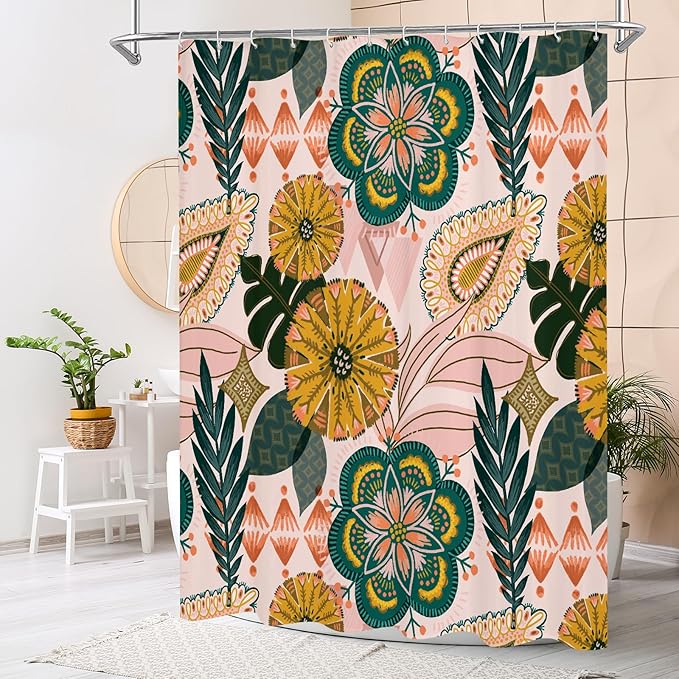 MitoVilla Boho Floral Shower Curtain, Abstract Tropical Leaves Shower Curtains for Chic Elegant Bathroom Decor, Vintage Fabric Cloth Shower Curtain, Modern Colorful Flower, 72x72