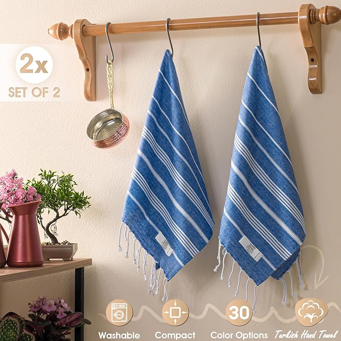 Hand Towels - Set of 2 | 18" x 30" - Decorative Turkish Hand Towel for Bathroom, Kitchen, Guest, Face, Hair, Tea, Dishcloth (Sultan, Oil Blue)