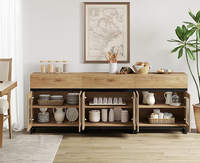 WAMPAT 3 in 1 Multifunctional Sideboard Buffet Cabinets with 6 Glass Doors, Modern Sideboard Credenza, Coffee Bar Storage Cabinet for Living Room, Kitchen, Oak