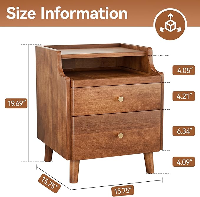 Solid Wood Nightstand Set of 2, Pre-Assembled, 19.7”H Mid Century Modern Night Stand with Drawers, Open Sliding Shelf, Small Bedside Table for Bedroom, End Side Table, Walnut