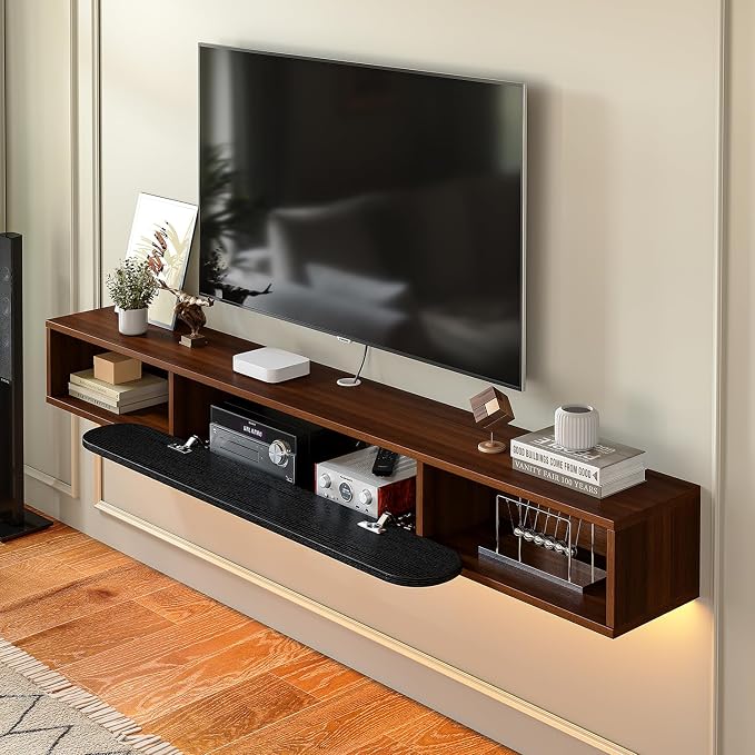 Furninova Floating TV Stand,Wall Mounted Entertainment Center for 50 Inch TV,Plywood Floating Media Console with 1 Flip Down Door & Cable Management,Modern Space Saving TV Shelf,47 Inch,Walnut & Black