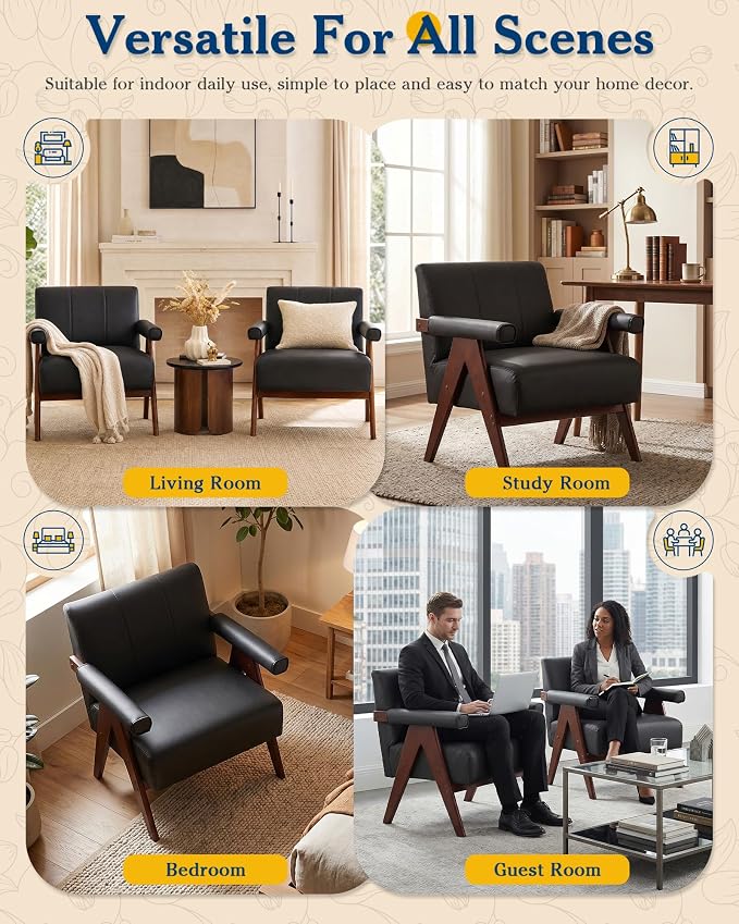 AODAILIHB Black Leather Accent Chair,Mid Century Modern Accent Chair, Solid Wood Frame Black Leather Armchair, Modern Reading & Living Room Chair for Office Guest & Waiting Room