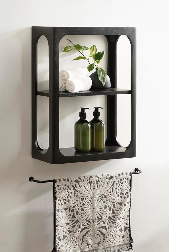 Kate and Laurel Dahl Modern Mango Wood Tiered Wall Shelf, 18 x 7 x 22, Black, Decorative Over The Toilet Shelf for Use as Bathroom Storage or Living Room Display Shelving