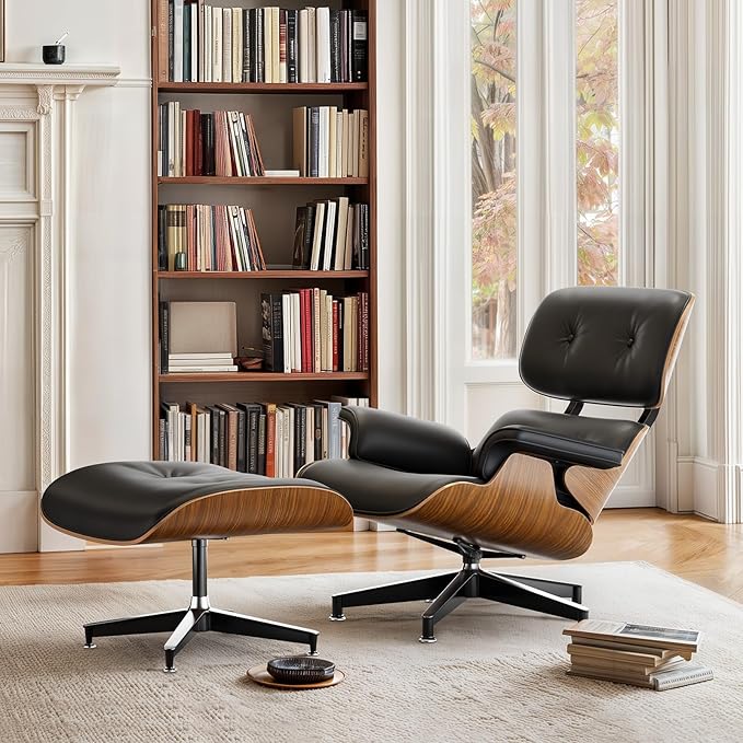 Top Black PU Leather, Mid Century Chaise Lounge Chair and Ottoman, Modern Chair Classic Design, Walnut Wood, Heavy Duty Base Support for Living Room Office