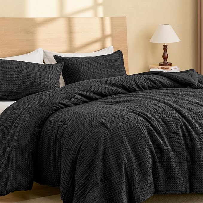 PHF Soft Waffle Comforter Set Queen Size- Comfy Breathable Waffle Weave Comforter with 2 Pillow Shams, 3 Pieces Less Snagging Lightweight Textured Bedding Set for All Season, Black